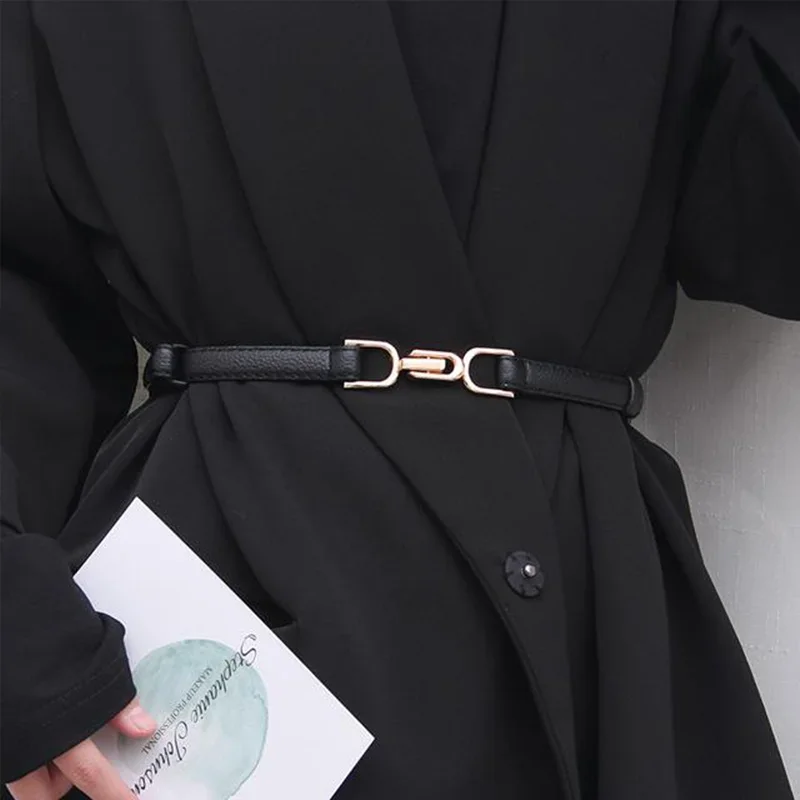 【2025 New】Adjustable Women's Skinny Dress Belt-Vintage Golden Buckle Fashionable 1pcs Skinny PU Brand Design Faux Leather Belt