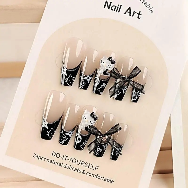 Black French Tips Hello Kitty Press On Nails 3D Bow Cute Nails Charms Design Coffin Nail Tips Full Cover Acrylic Nails Glitter