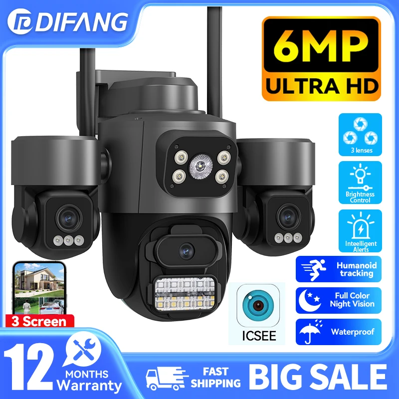 

DIFANG 6 MP WiFi Security Camera 3 Lens 3 Screen 360°PTZ AI Auto Tracking Humanoid Alerts Outdoor Night Vision Surveillance CCTV