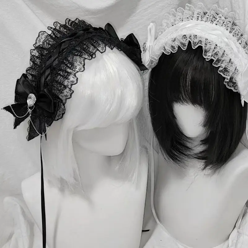 Y2K Girls Lace Headband Ornaments Vintage Black White Lace Bow Hairbands Lolita Maid Nakrycie głowy Fold Bow Eye Mask