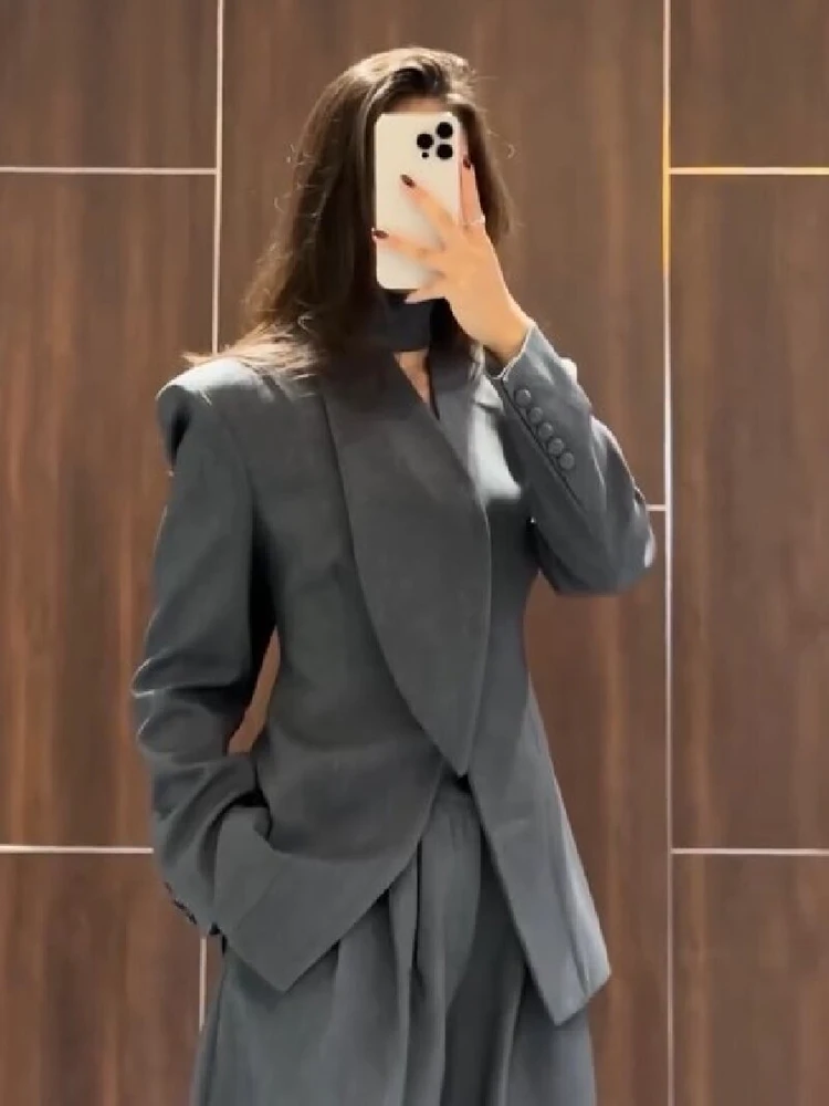 Women Elegant Button Front V Neck Fitted Waist Blazer Long Sleeve Padded Shoulder Slim Formal Suit Jacket Chic Office Daily Wear
