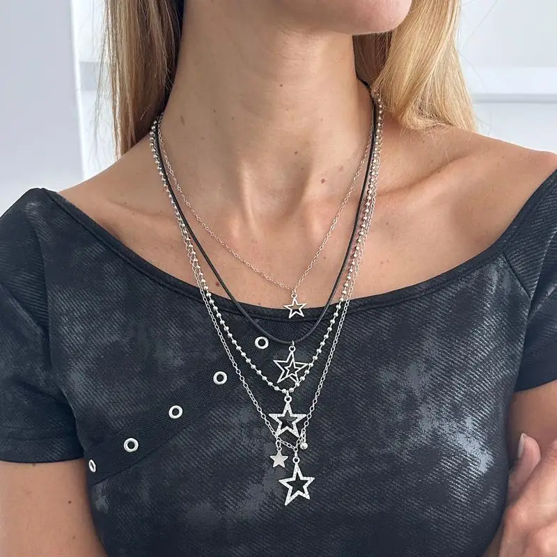 Modische Metall-Sternanhänger-Halskette für Frauen, Punk Hip Hop Silberfarben, mehrschichtige Pentagramm-Quasten-Halskette, Y2K-Schmuckgeschenk – Detail 16