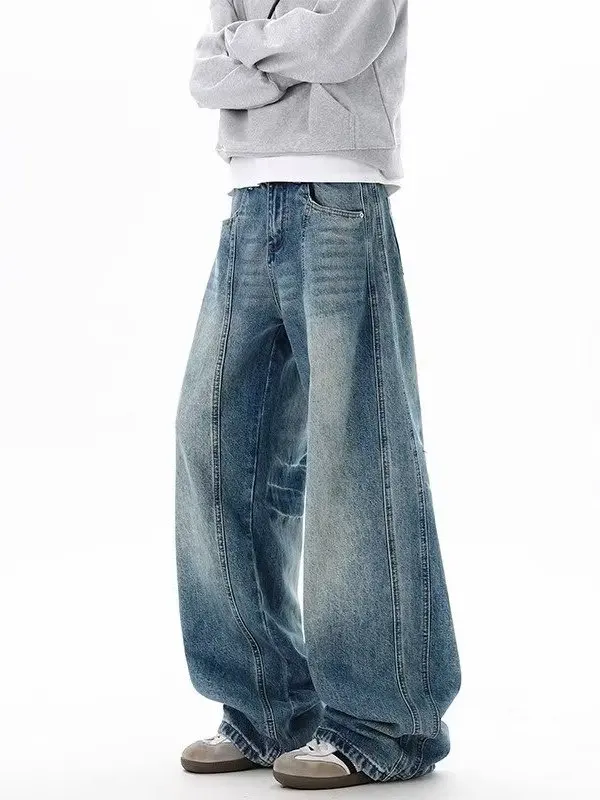 

Мужские джинсы в стиле ретро с пэчворком, зимние, новые, американского стиля, свободные, прямые, широкие, универсальные, повседневные