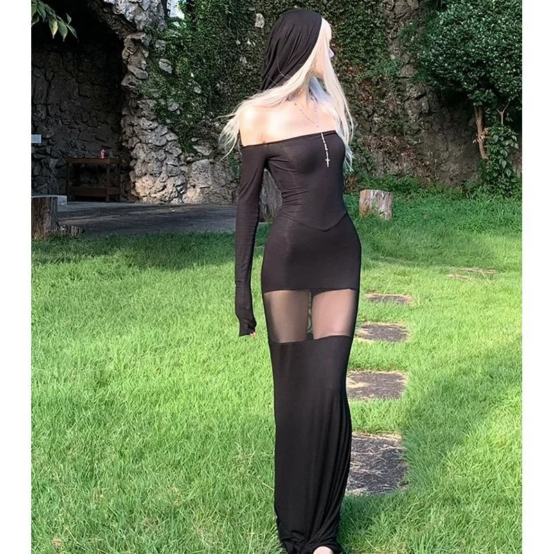 レディース ブラック オフショルダー マキシドレス - メッシュカットアウト ボディコン ゴシックドレス Y2K ストリートウェア 秋 パーティー スリムフィット ロングドレス