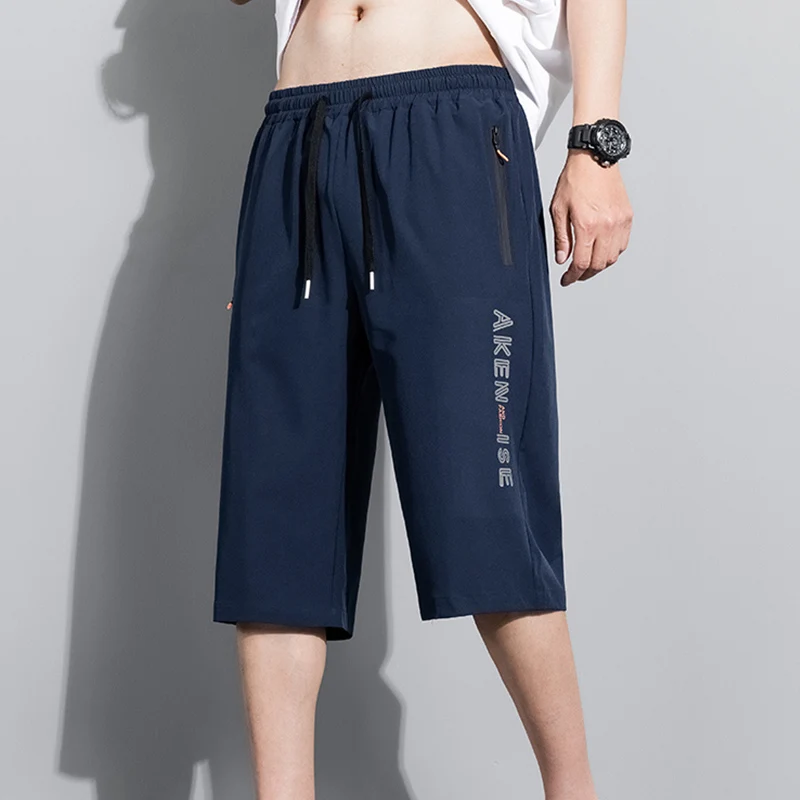 Summer Bottoms Ice Silk Pants Men Breathable Lightweight Calf-Length Short Sweatpants 3/4 Straight Loose Casual Cropped Trousers