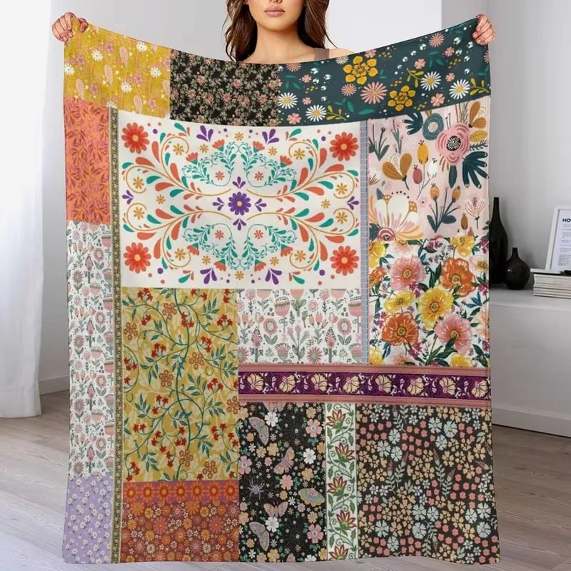Colorful Patchwork Grid Throw Blanket Purple Pink Yellow Dot Check Print Soft Warm Couch Bed Artistic Blanket Boho Room Decor