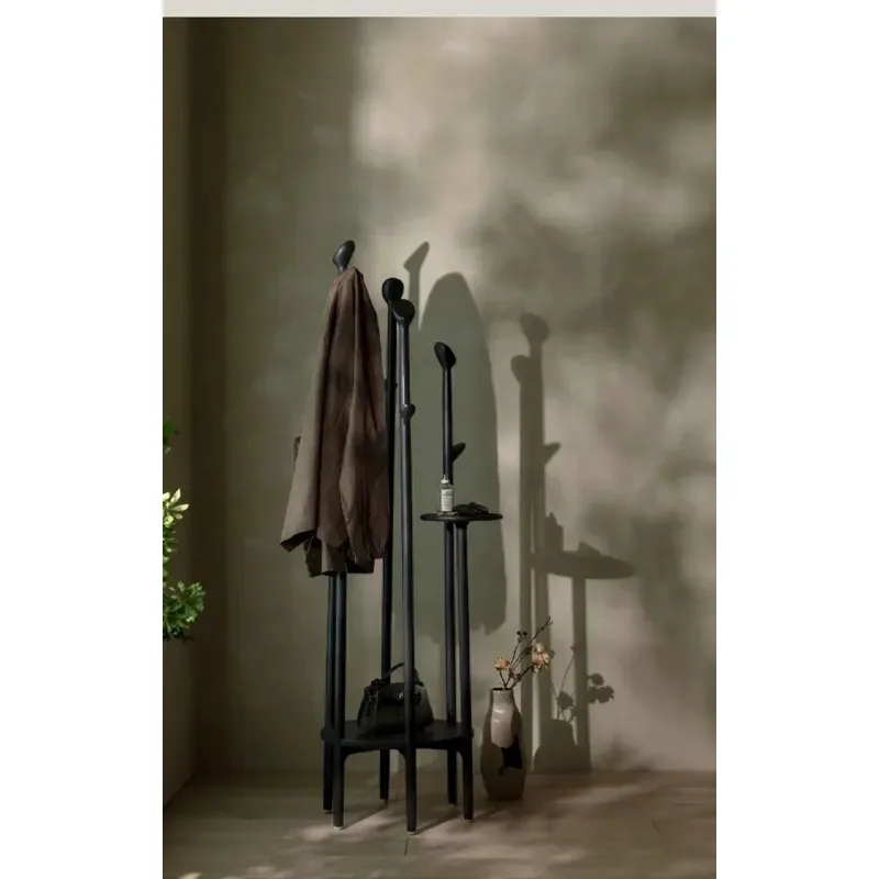 Black Solid Wood Coat Rack Multi Layer Sculptural Vertical Hanger for Eco Friendly Resorts