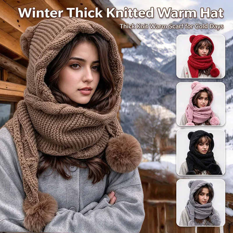 Winter Warm Knitted Hat with Scarf 2-in-1 Ear Protection Thick Warm Knitted Hat Soft Comfortable Breathable Casual Scarf Hat