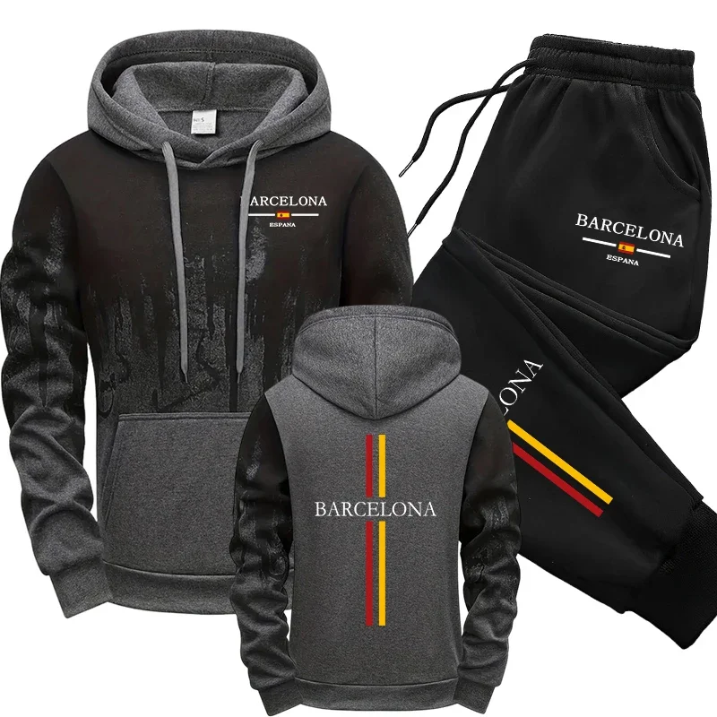 2025 gran oferta de chándal para hombre, Sudadera con capucha, pantalones de chándal, Sudadera con capucha con estampado de Barcelona, conjunto de 2 piezas, traje cómodo para el hogar y al aire libre de otoño