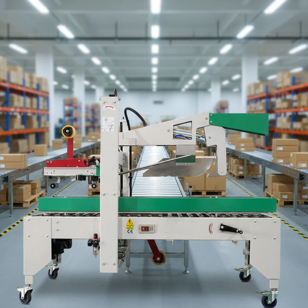 Automatic Side Belt Drive Folding Flaps Carton Case Sealer Sealing Machine with Roller Table