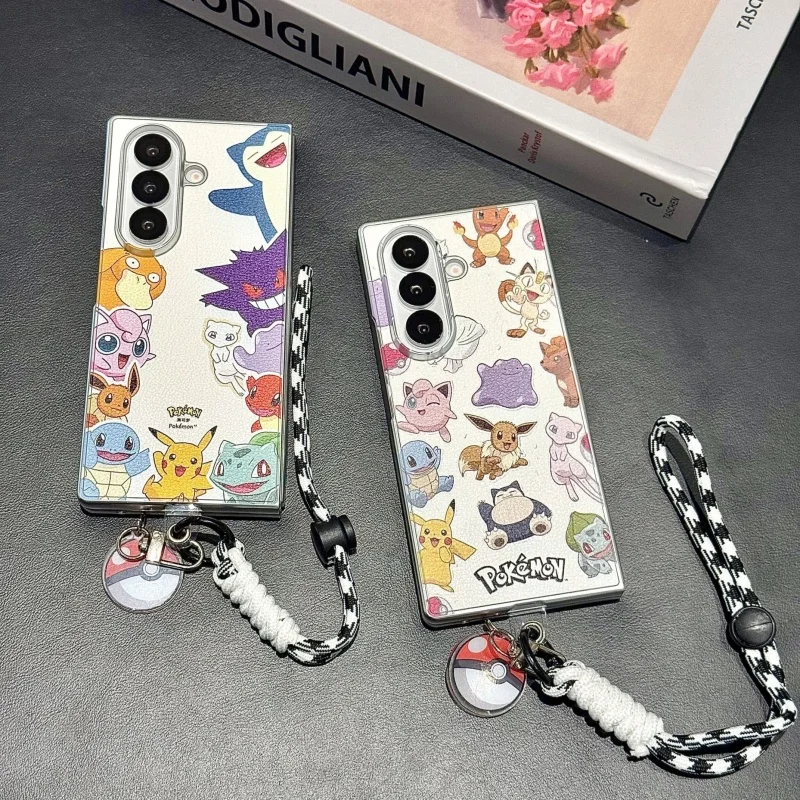 

Cute anime cartoon P-Pokemon Bulbasaur Squirtle Snorlax Mew Gengar Leather Phone Case For Samsung ZFold 3 4 5 6 7 Pokemons cover