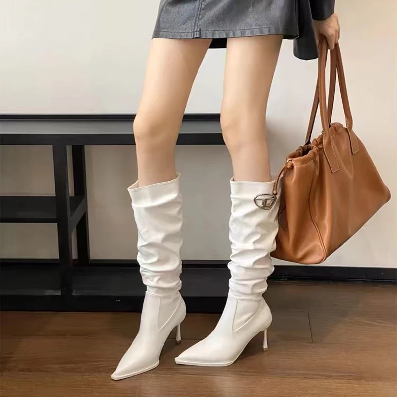 Sexy Winter Women High Boots Fashion Pointed Pleated Stiletto Heel Long Boots Ladies Elegant High Boots Shoes Botas De Mujer