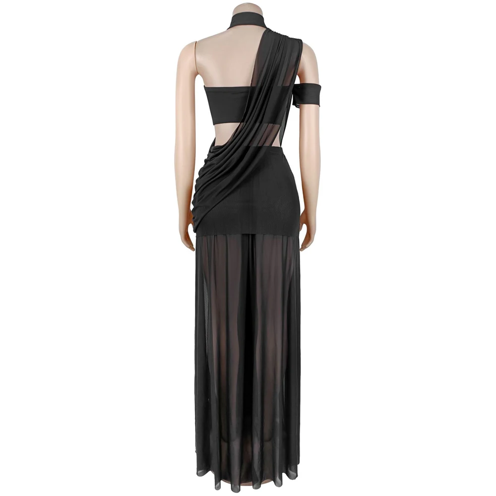 NEW Summer Bra Top and Long Skirt Two Piece Matching Ruched Party Dress for Women Clubwear Night Sexy Mesh Sheer Club Dresses view 5