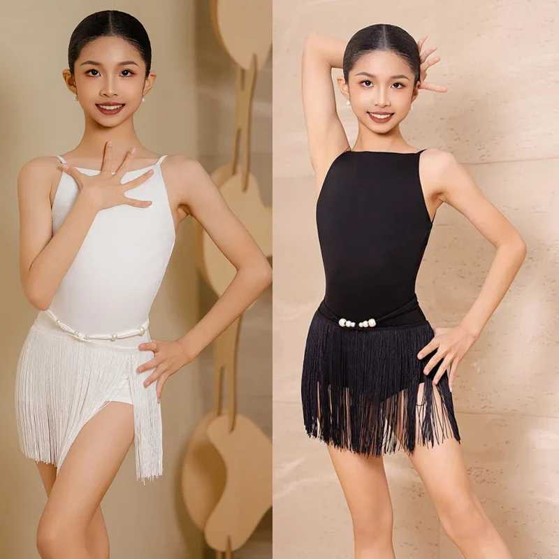 

Fashion Girls Latin Dance Performance Costume Sleeveless Latin Top Tassels Skirts Children'S Competition Stage Suits
