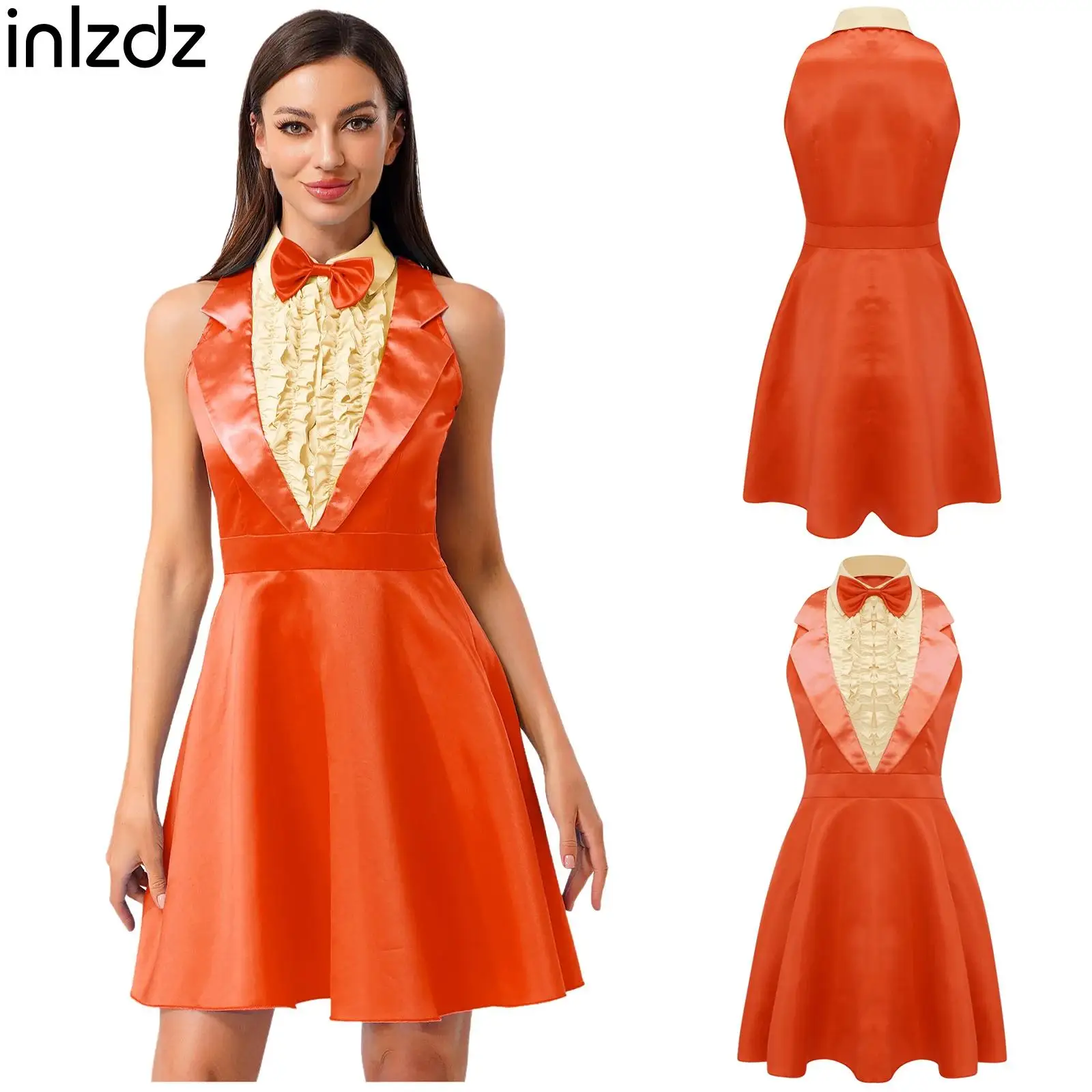 

2025 New Womens 80s Dumber Cosplay Dress+Bowtie Lapel Sleeveless Ruffled Chest A-line Dress for Halloween Dress-up Party Raves