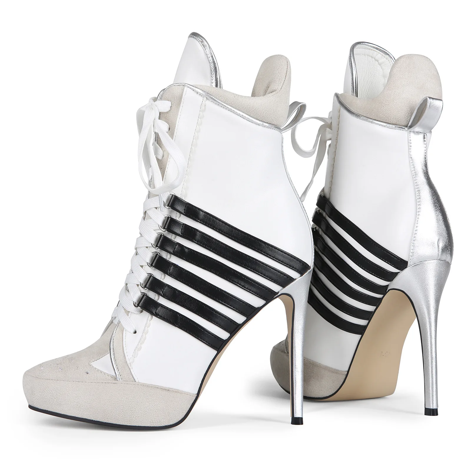 Round Toe Sneaker Stiletto Ankle Boots Women Novelty Strip Print White Boots Spring Cross Tied Patchwork Breathable Heels Shoes