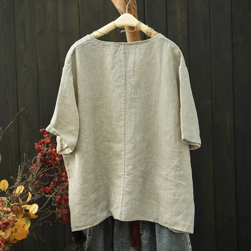 Women Linen V Neck T-Shirts 2026 Summer Short Sleeve Casual Loose Blouses With Hollow Out Detail Vintage Tops Tees M2415
