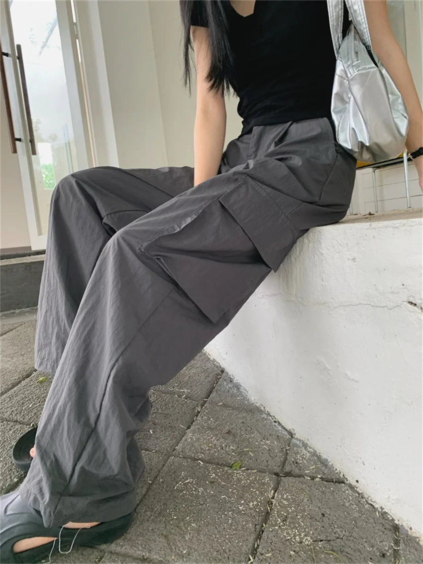 

PLAMTEE Grey Pants Women Solid Loose Casual Wide Leg Summer Minimalist Streetwear Fashion Slim Daily New Straight All Match