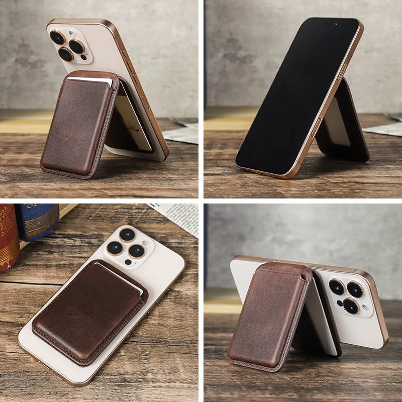 This is a handcrafted multi-functional foldable phone stand card case made of genuine leather dedicated to Apple MagSage