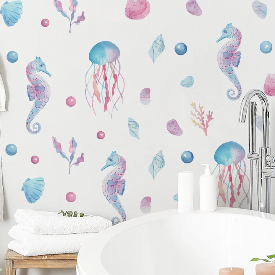 Watercolor Seahorse Jellyfish Wall Stickers for Girls Room Bedroom Wall Decals Living Room Nursery Room Decoration Wallpaper