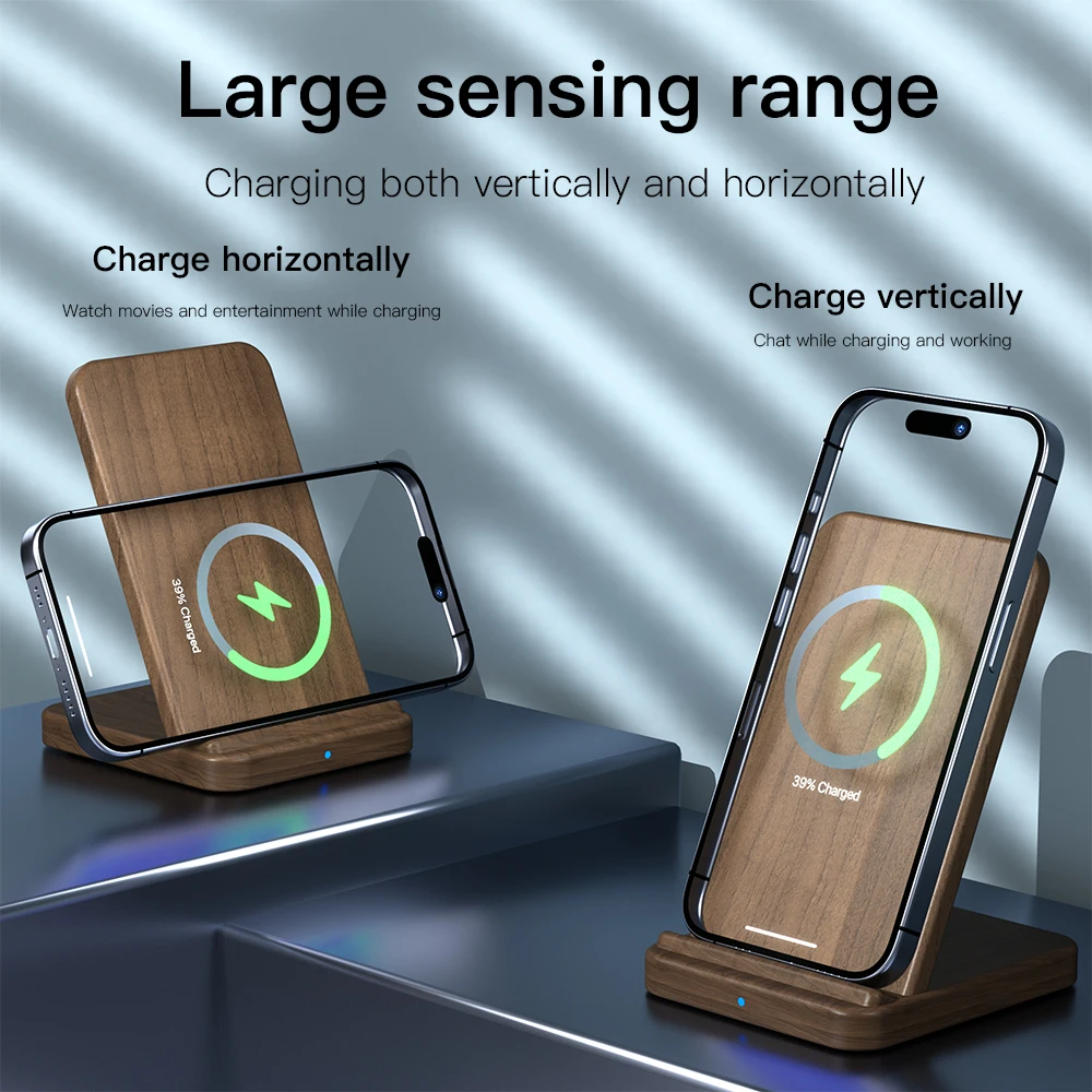 KEYSION 15W Fast Wireless Charger Stand for iPhone 15 Pro 14 13 12 11 Wood Qi Fast Wireless Charging Pad for Samsung S24 S23 S22