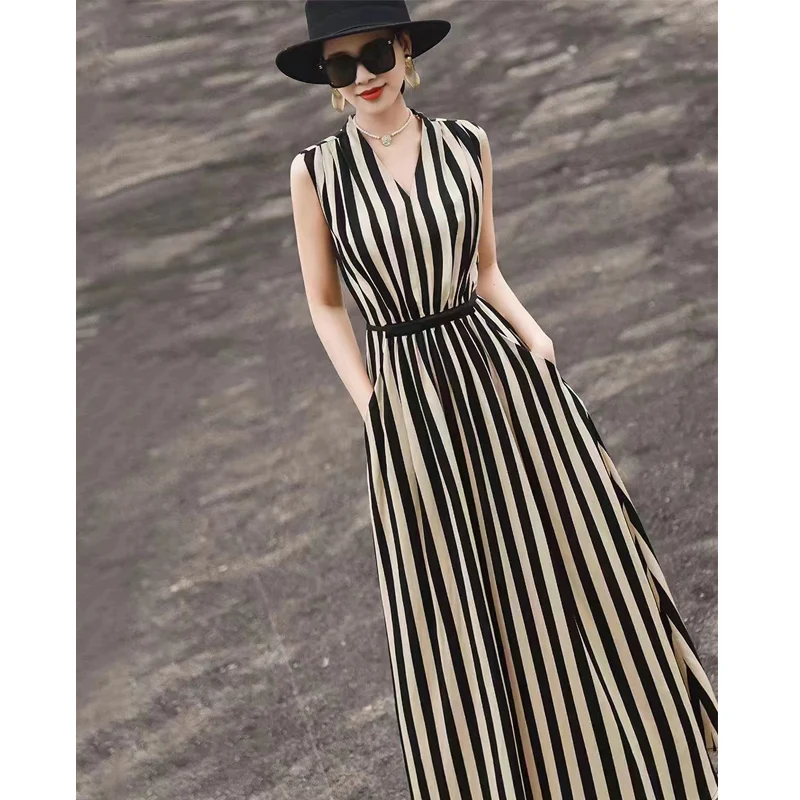 High Quality Elegant and Comfortable Summer New Women's V-Neck Rayon Linen Mixed Fabric Striped Sleeveless+Belt Dress S-XL