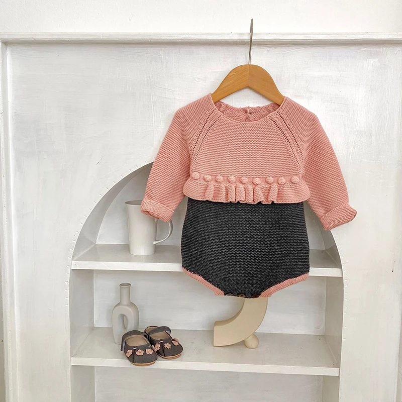 

0-24M Autumn Baby Girls Knitting Bodysuits Spring Long Sleeve Round Neck Sweet Bodysuits Newborn Baby Girls Knitting Jumpsuit