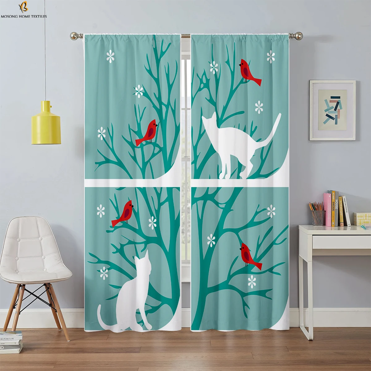 Cartoon Cat Print Curtain Rod Pocket Bedroom Living Room Dining Room Kids Room Decorative Curtains 2 Pieces