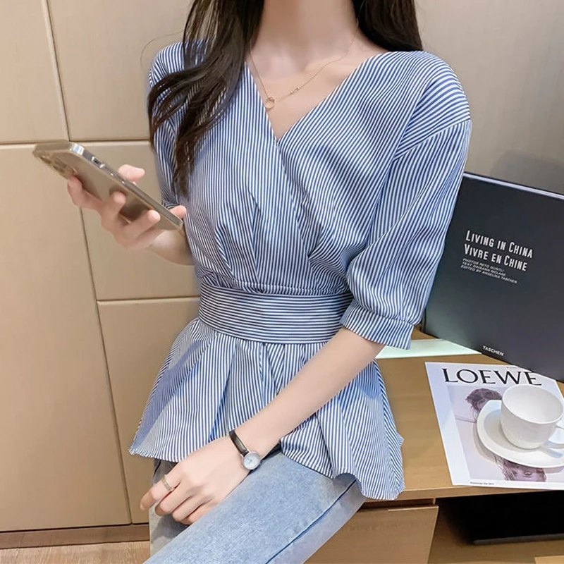 Back Button Big Bow Sashes White Blouse Summer Women Korean Sweet Wrap Vneck Peplum Office Elegant Chic Two Wear Shirts Top 2022