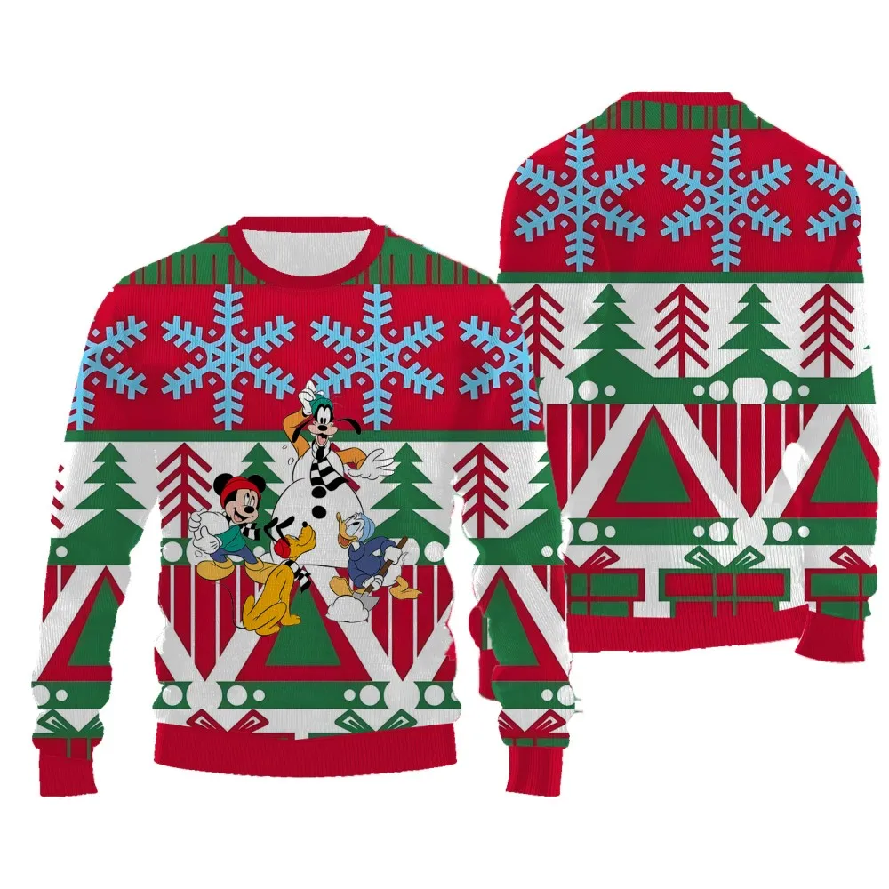 Disney-Pull de Noël imprimé à motif de dessin animé drôle pour femme, pull à manches longues, col rond, confortable, décontracté, nouveau style