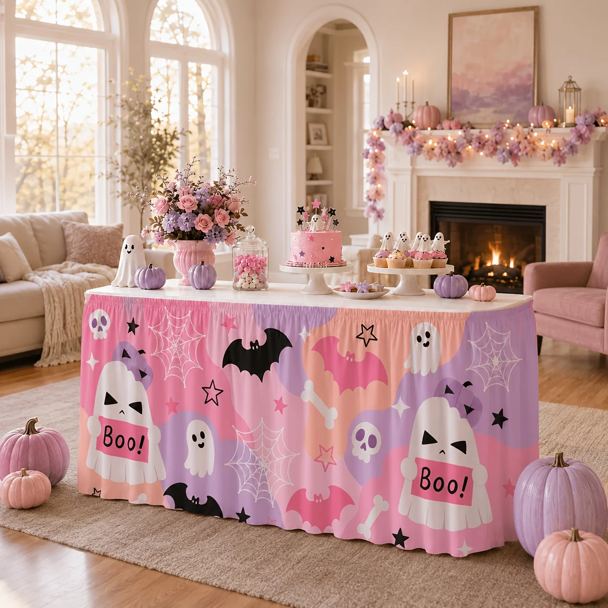 Halloween vintage horror tablecloth, pink vintage ghost pumpkin cat bat print tablecloth, spooky witch themexzj