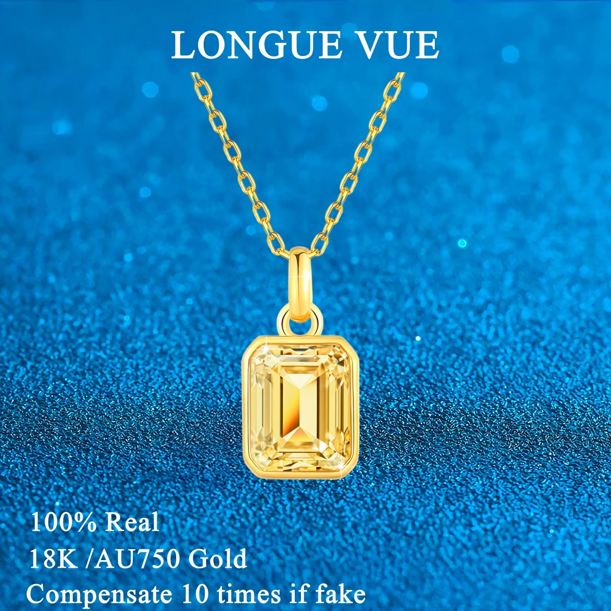 Real 18K Gold Yellow Cubic Zirconia Pendant Necklace for Women Emerald Redion Cut Zircon Necklace Rectangle Wedding Jewelry