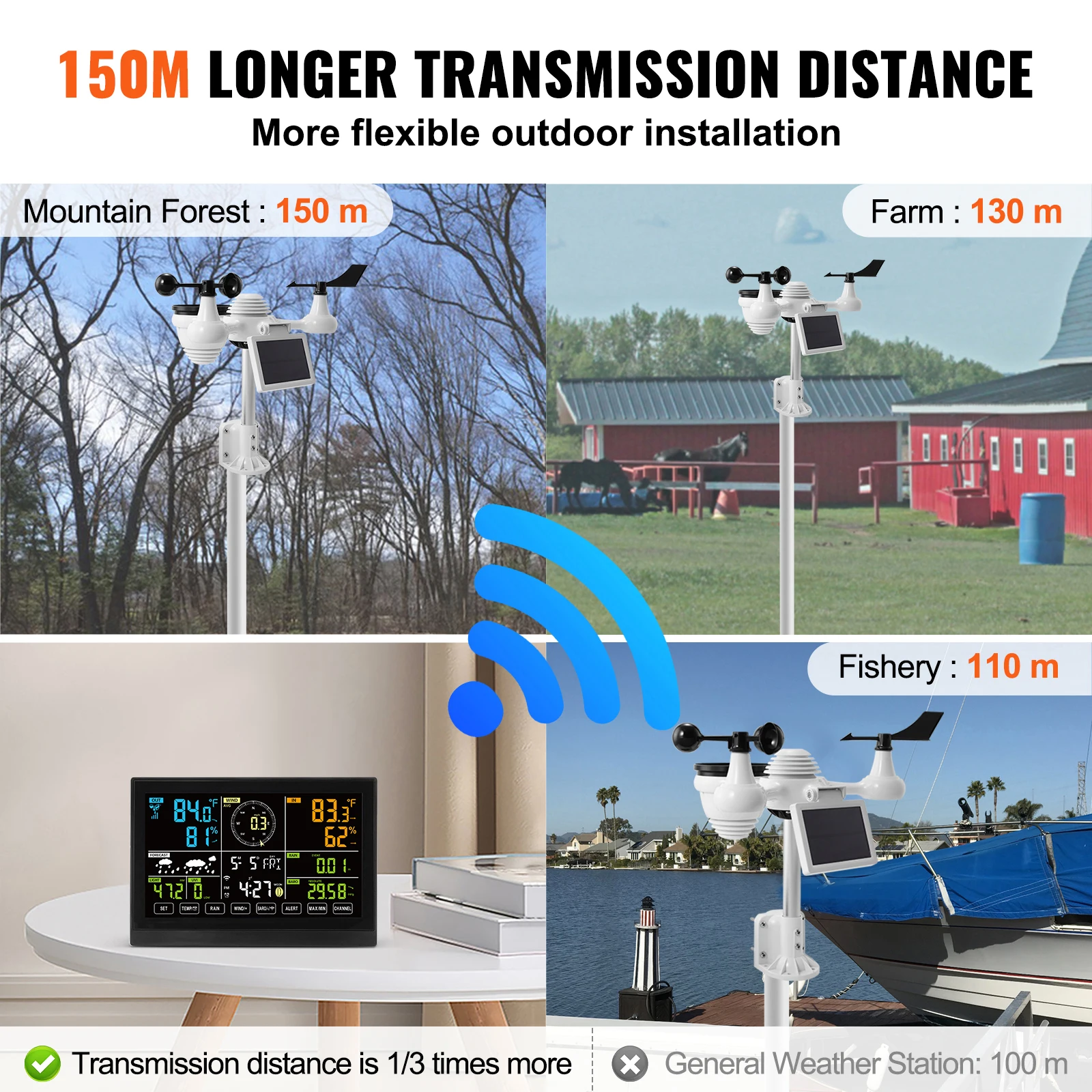 Метеостанция Wi-Fi VEVOR 7-в-1, цветной дисплей 7,5 дюйма и солнечный беспроводной наружный датчик, оповещения о сигнализации для температуры и влажности