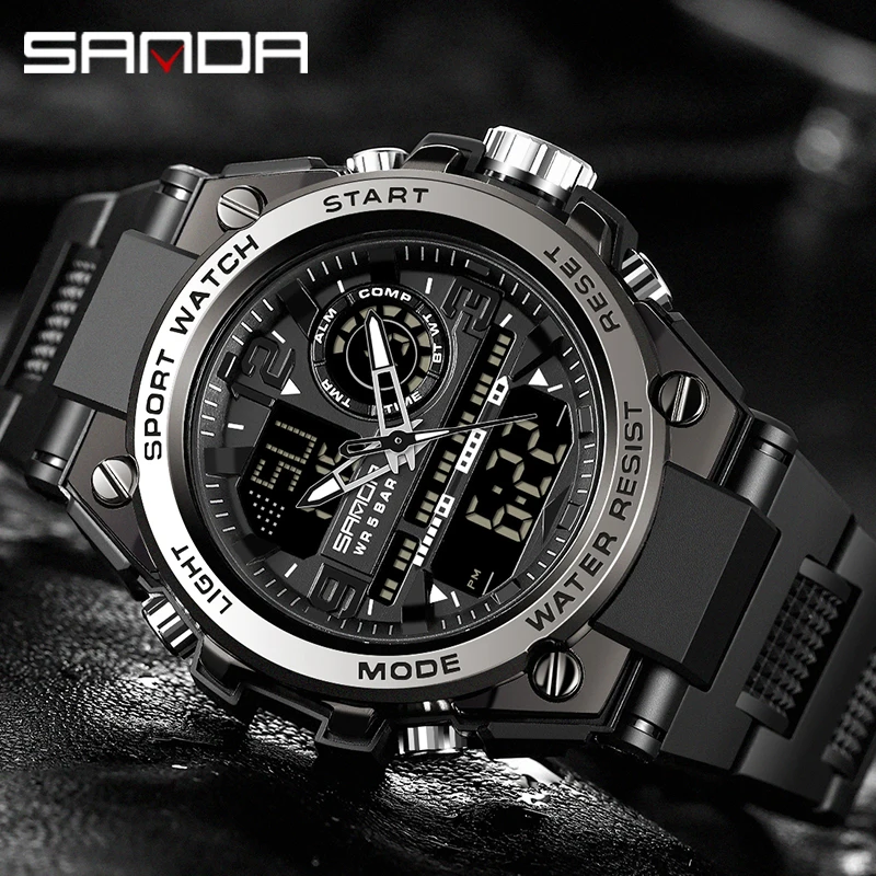 Montre sport à quartz SANDA 6024 pour homme, affichage numérique LED double, montre-bracelet électronique pour homme, étanche, résistante aux chocs, militaire