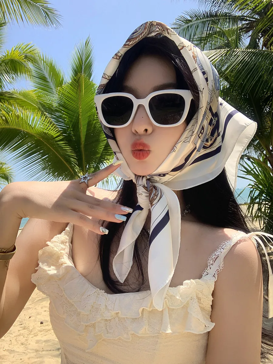 

French luxury small square scarf for women, summer neck scarf, beach seaside photography sun protection silk scarf hairband