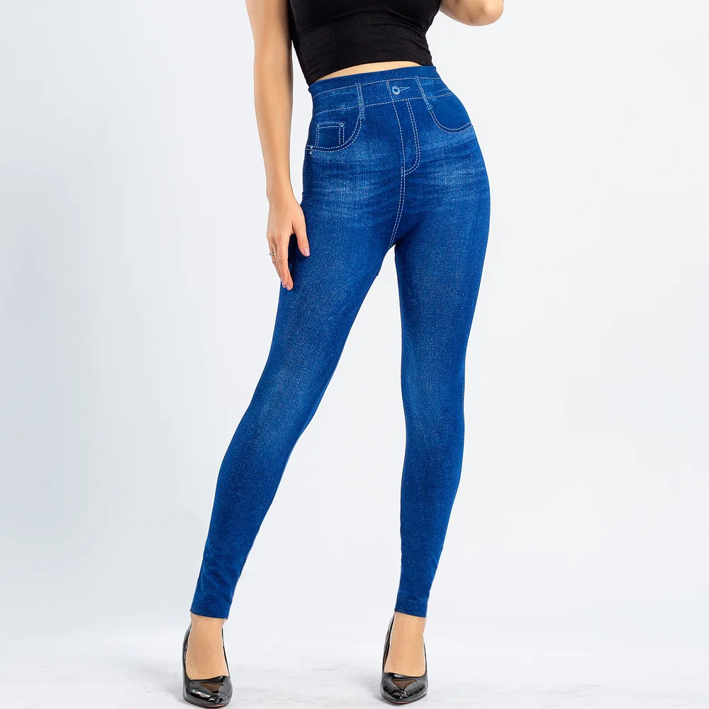 女性のセクシーなシームレスレギンス、ハイウエスト、暖かいイミテーションデニム、高弾性デニムタイトパンツ