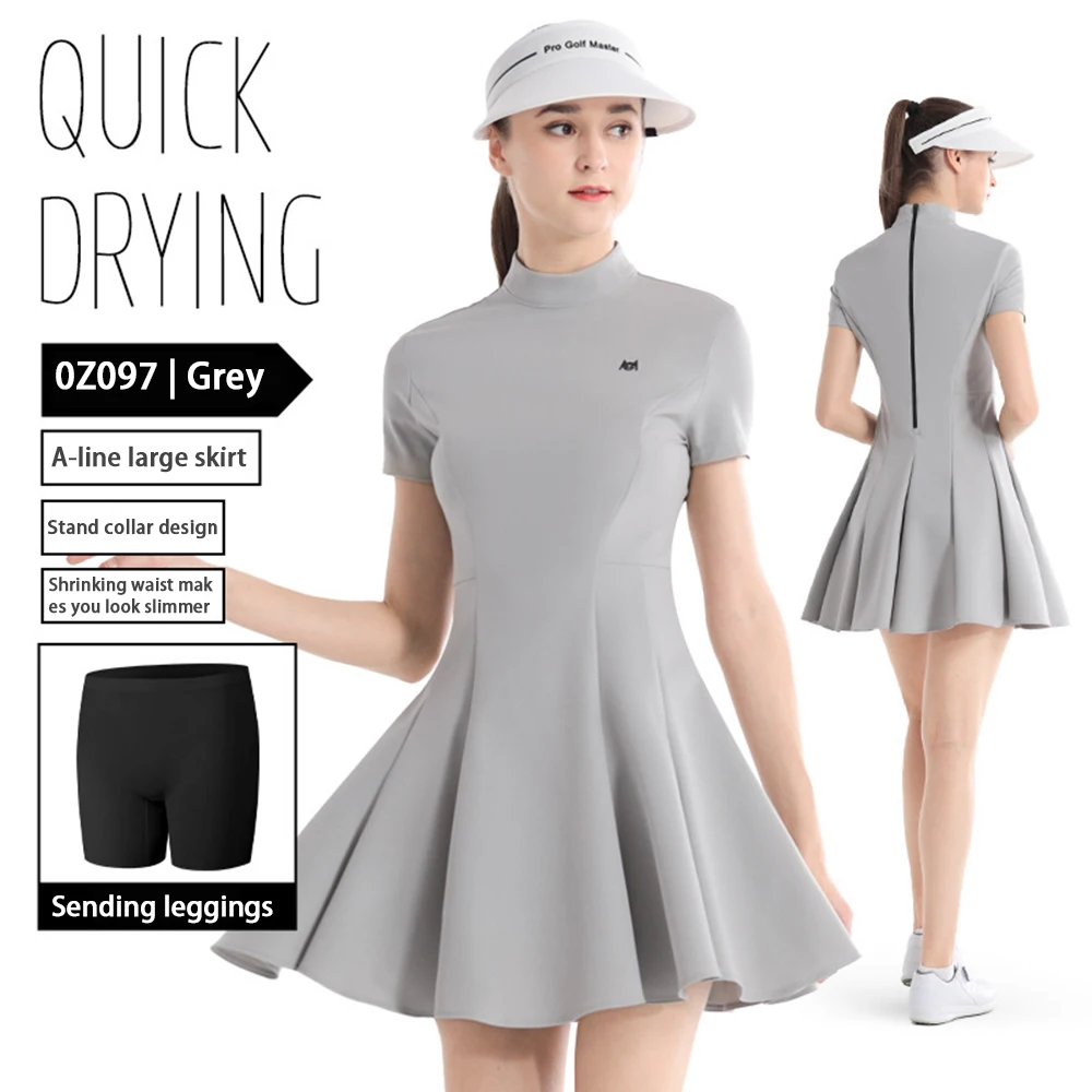 PGM Golf Women'S Dress, Summer Golf Clothing, High Elasticity Slim Fit A-Line Skirt, Stand Up Collar Short Sleeved Dress Qz097