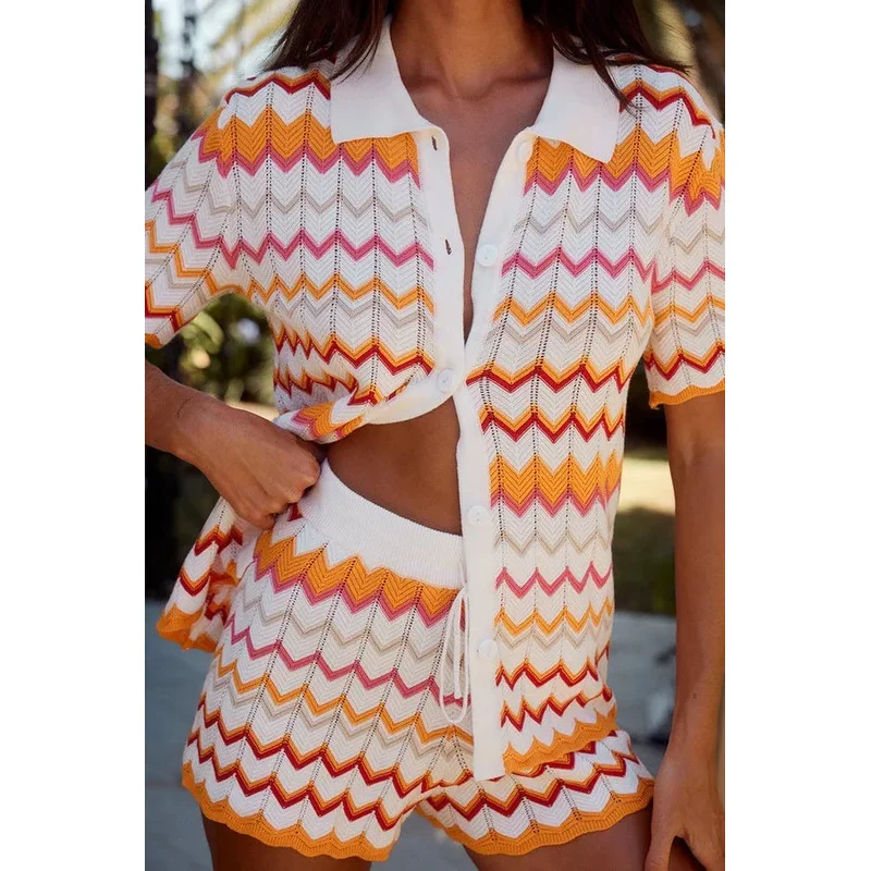 

Casual Knitted Color Blocking Striped Two-piece Set Women's Single-breasted Cardigan High Waist Shorts Sweater Lady Outfits 2026