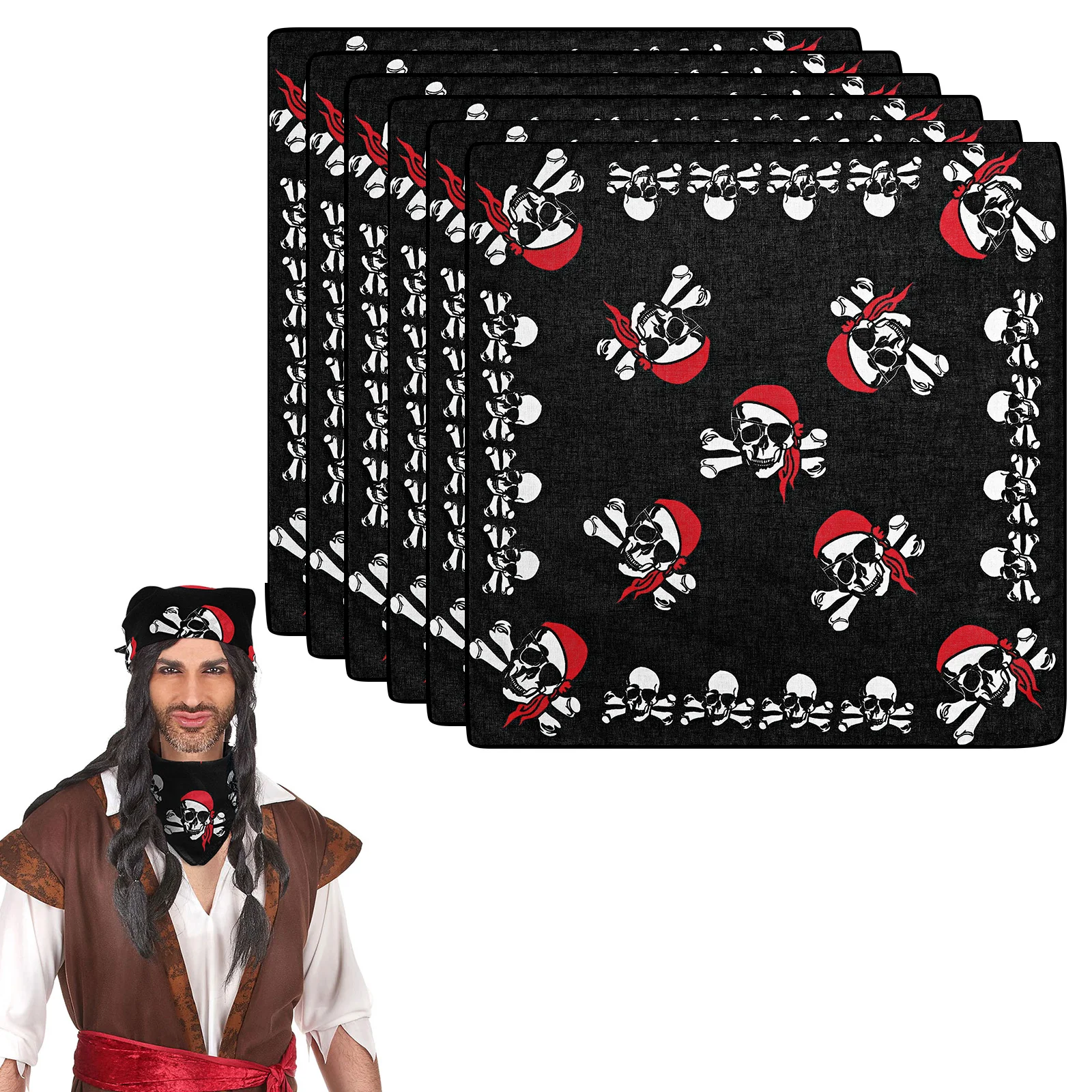 

6 Pcs Pirate Scarf Skull Bandana Halloween Handkerchief Man Costume Adult Women Black Accessories