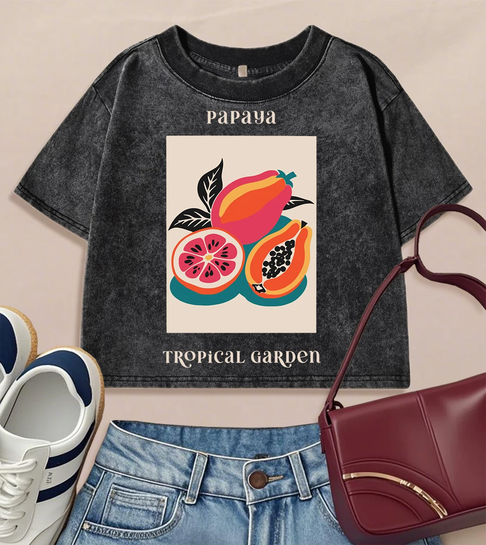 

Papaya Fruits Tropical Garden Washed T-Shirt Women Crewneck Retro T Shirts Fashion Crop Tees Summer Cotton Female Short Sleeve