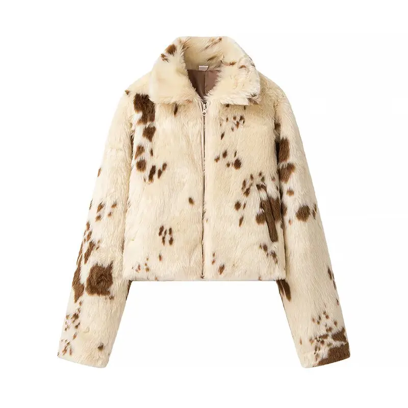 Maxdutti South French Retro Fashion Versatile Lapel Long Sleeved Animal Patterned Faux Fur Coat  Women's Jacket Woman Clothes