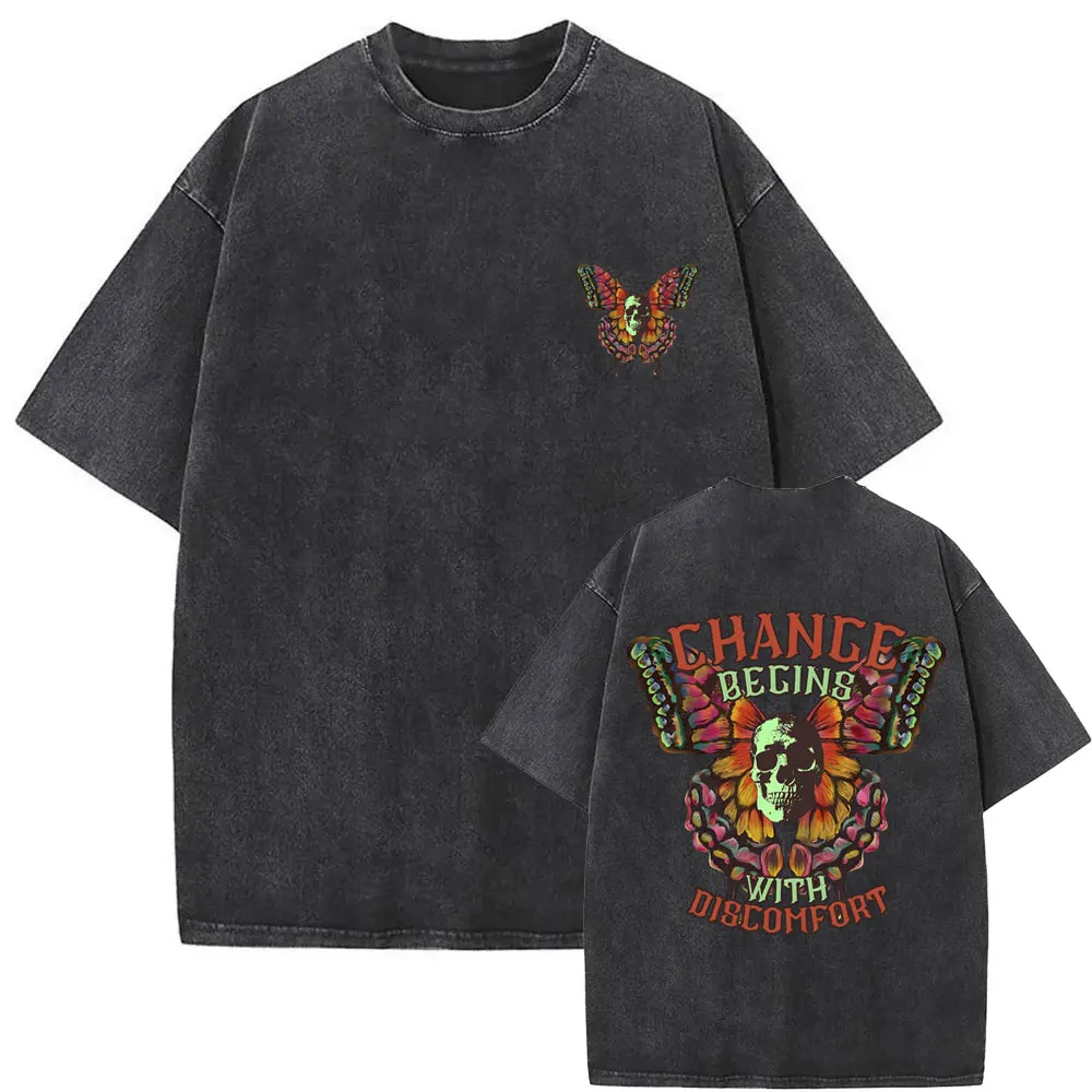 

Change Begins with Discomfort Butterfly Skeleton Gym Pump Cover T Shirt Washed Vintage Men Funny Oversized Fitness Lover T-shirt