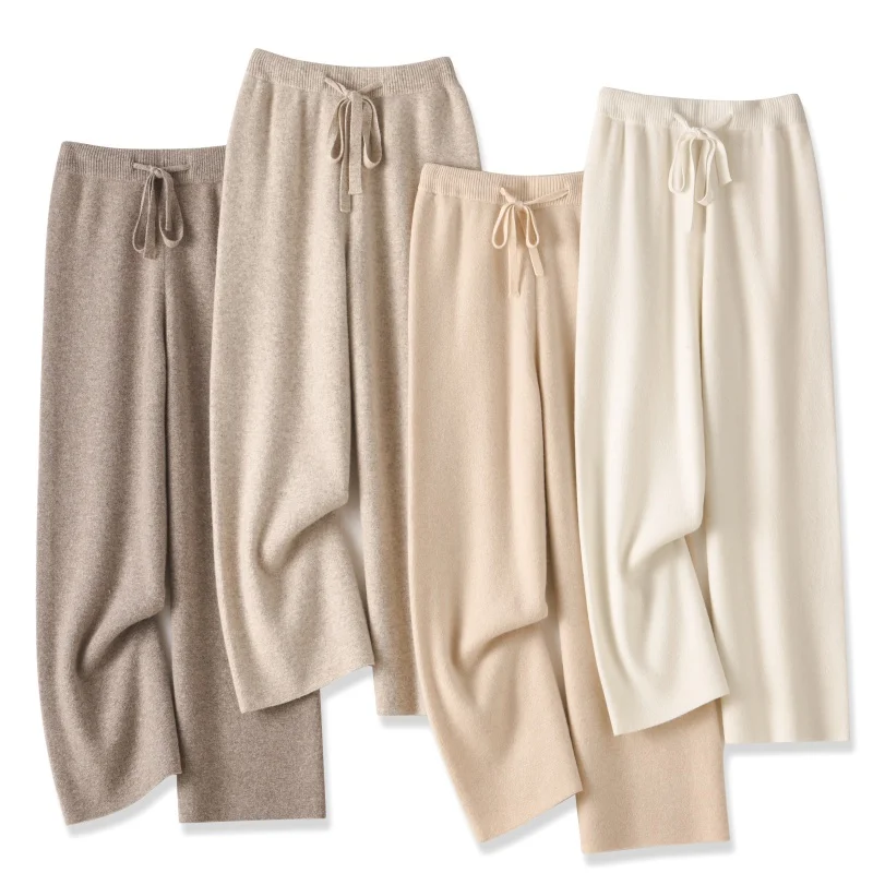 Pantalones de lana tejidos para mujer, pantalón largo informal de pierna ancha y cintura alta, corte recto, holgado, otoño e invierno