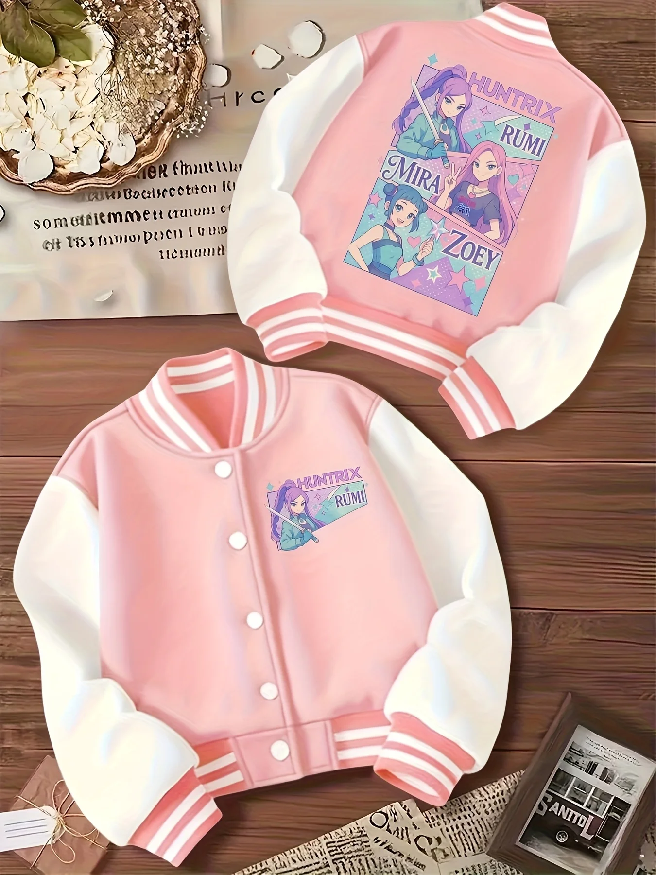 سترة اسكواش للعطلات مكونة من قطعة واحدة للفتيات - طباعة شخصية، قماش مطاطي قصير، ملابس خارجية غير رسمية لحفلات الخريف، مجموعة توين #1