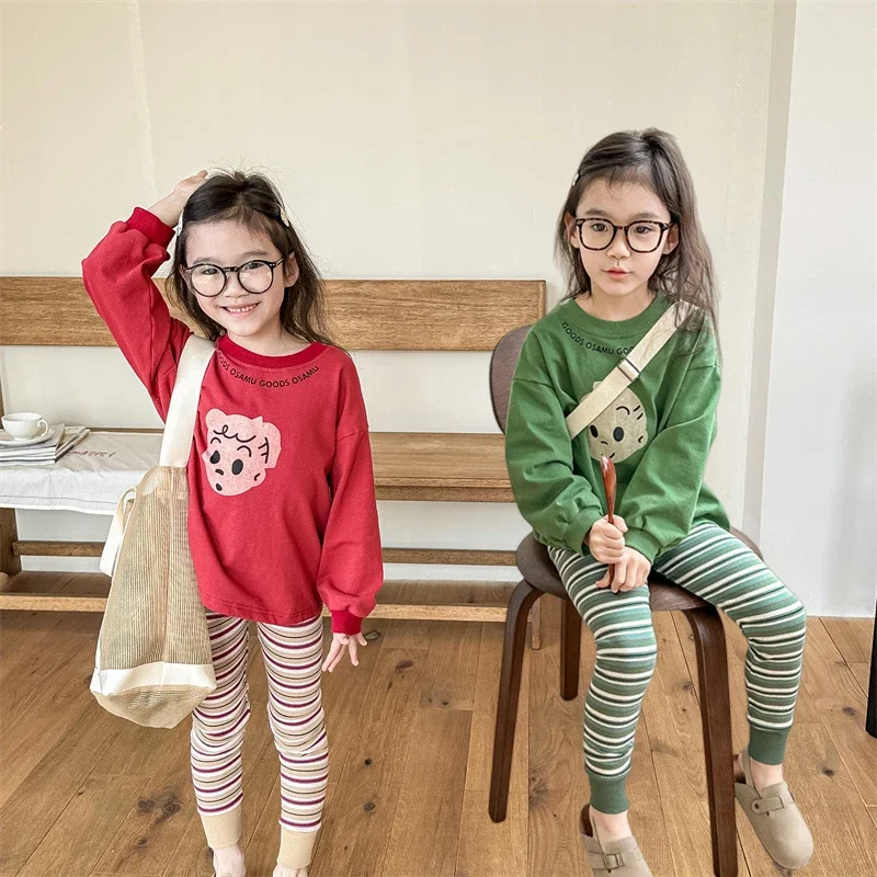 Korean Style Cartoon Children Girls Long Sleeve T-shirt Loose Undershirts Unisex Boys Cotton Soft Hoodie Tops for 80-130cm