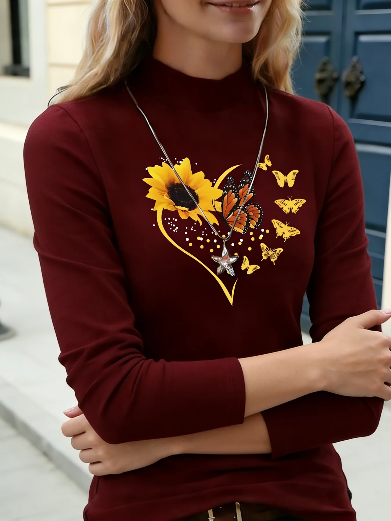 Dames Tops met opstaande hals en lange mouwen Zonnebloem Vlinder Hartprint Casual blouse Basic dagelijks T-shirt Zachte warme top voor dagelijks gebruik
