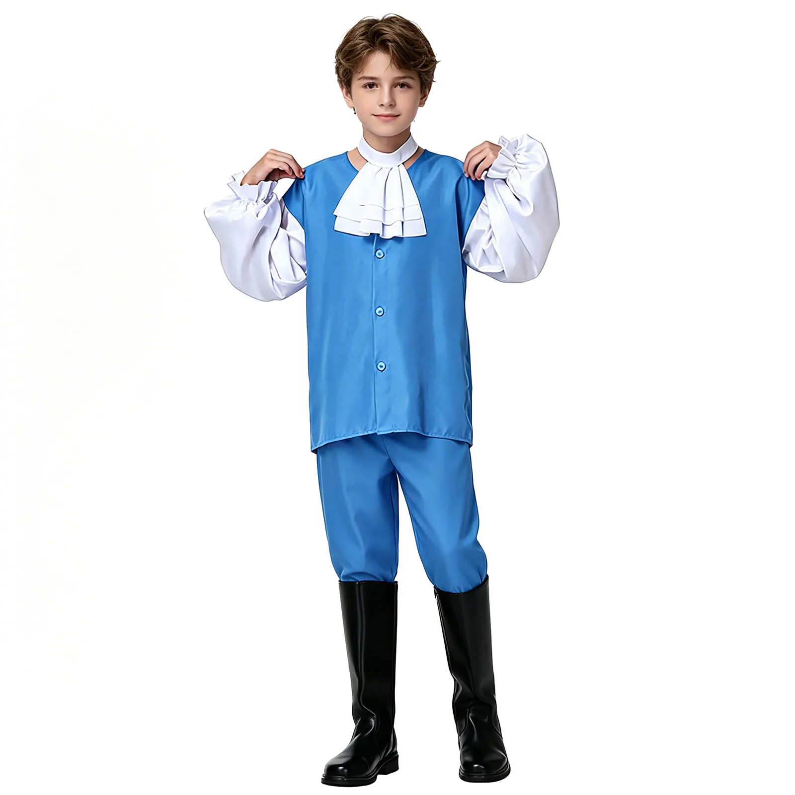 Boys 3 Pcs Court-style European Noble Prince Performance Costume Outfit Lantern Sleeve Top Collar Pants for Halloween Roleplay