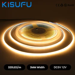3mm USB COB LED Strip Light DC 5V 12V 320LEDs/m High Density Flex Tape Ribbon 3000K 4500K 6500K Night Light 2Pin Wire/DC Plug