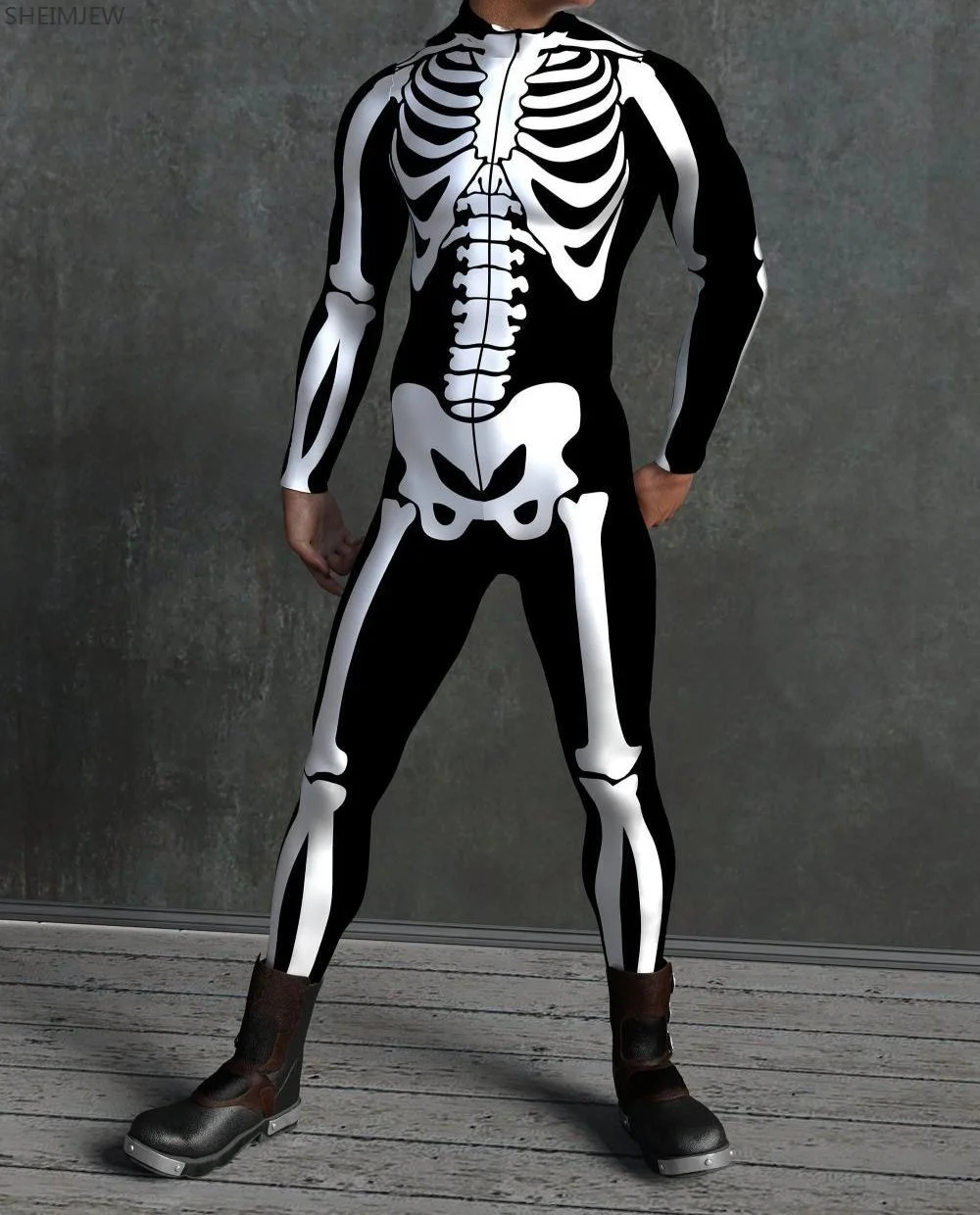 Halloween Skeleton Cosplay Thumb Sleeve Jumpsuit Colorful Art Print Bodysuit Front Zipper Catsuit Theme Party Suits Rave Outfits