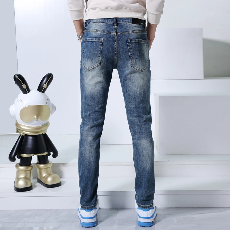 Street fashion motorcycle jeans men's ripped skinny trendy casual stretch slim fit Blue small feet handsome pants